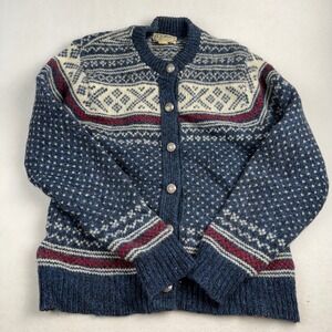 LL Bean Vintage Womens Small Nordic Wool Cardigan Blue Birdseye Fair Isle USA